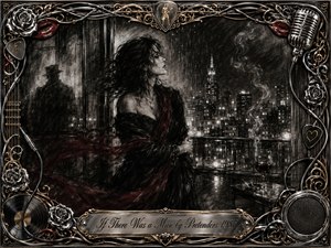 A solitary woman gazes across a rain-soaked city at night, wrapped in dark fabric with a crimson scarf blowing behind her. Deep charcoal textures, smoky shadows, silver highlights, and glowing windows create a romantic noir mood. An ornate chrome-and-gold music-themed frame surrounds the scene, finished with roses, cables, microphone details, and an engraved title plate.
