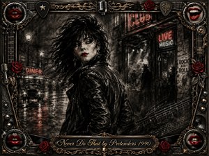A defiant woman in a black leather jacket stands on a rain-soaked city street outside a glowing music club, surrounded by smoky shadows and neon reflections. Deep charcoal textures dominate, sharpened by crimson lips, roses, and signs. An ornate chrome-and-gold rock frame, musical hardware, chains, and engraved title plate complete the dramatic composition.