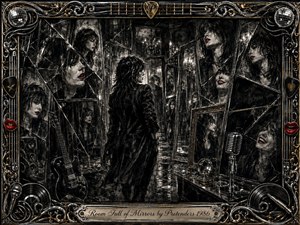 A dark, feathered charcoal scene shows a solitary rock-styled figure surrounded by fractured mirrors, each reflecting shifting expressions with vivid red lips. Ornate chrome and gold musical motifs frame the composition, including guitars, microphones, records, strings, and mirror balls. Moody chandelier light, glossy reflections, and smoky shadows create a mysterious, introspective atmosphere.