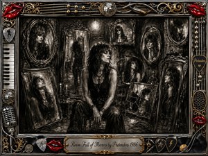 A solitary rock-styled woman sits in a shadowy room crowded with ornate mirrors, each reflecting a different expression or fractured identity. Deep charcoal textures, smoky blacks, silver highlights, and warm gold accents create a brooding atmosphere. A lavish music-themed frame surrounds the scene with red lips, records, strings, picks, and vintage stage details.
