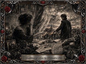 A charcoal-toned romantic scene shows two lovers reaching toward each other across a moonlit city, their fingertips linked by a glowing golden thread. Roses, handwritten letters, photographs, and a vinyl record deepen the nostalgic mood. Ornate chrome-and-gold musical framing, bright red lips, and engraved titlework add dramatic vintage elegance.
