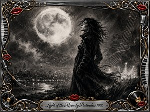 A windswept woman stands beneath an enormous glowing moon, overlooking a misty city and reflective shoreline. Deep charcoal textures, smoky blacks, silvery highlights, and sweeping musical lines create a haunting, romantic mood. An ornate chrome-and-gold frame features piano keys, strings, microphones, vinyl records, stars, red lips, and an engraved title plate.