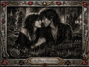 A tender rock-and-roll couple leans close in a smoky nighttime room, surrounded by city lights, roses, musical notes, and a resting guitar. Deep feathered charcoal textures create dramatic shadows and soft highlights, while the ornate chrome-and-gold frame adds red lips, instruments, records, stars, and an engraved title plate.