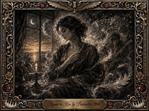 A serene woman sits beside a moonlit window, one hand resting over her heart as smoky feathers and musical notes swirl around her. Deep charcoal, silver-gray, and warm sepia tones create a reverent, dreamlike mood. An ornate chrome-and-gold musical frame, roses, red lips, piano keys, and engraved title plate complete the composition.