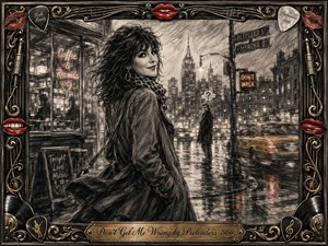 A stylish woman turns with a knowing smile on a rain-soaked city street, surrounded by blurred traffic, glowing signs, and a distant puzzled figure. Deep feathered charcoal creates a romantic noir mood, accented by red lips, warm gold, and muted yellow. An ornate music-themed frame and engraved title plate complete the composition.