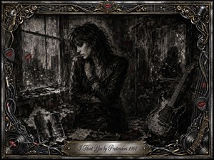 A solitary woman in a battered leather jacket sits in a shadowy backstage room beside a rain-streaked window, broken guitar, microphone stand, and shattered mirror. Deep feathered charcoal textures create a brooding, remorseful mood, relieved by faint crimson lip marks. Ornate chrome-and-gold musical details frame the dramatic, low-lit composition.