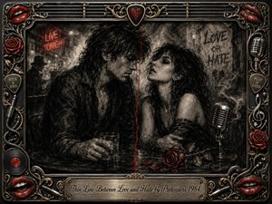 A brooding man and defiant woman face each other across a smoky nightclub table, divided by a razor-thin red line symbolizing love turning to hate. Deep feathered charcoal textures, dramatic shadows, crimson roses, neon accents, and a vintage microphone create tense romance, while an ornate chrome-and-gold rock-themed frame surrounds the scene.