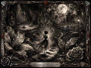 A tiny, resilient woman crosses oversized piano keys through a moonlit dreamscape of giant flowers, smoky stage lights, speakers, and a distant city. Deep feathered charcoal textures create a wistful, mysterious mood, accented by muted gold and red. An ornate music-themed frame surrounds the scene with elegant rock-and-roll details.