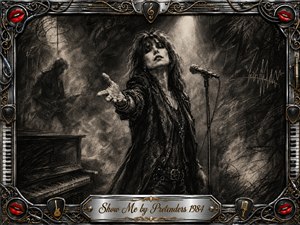 A charcoal-rendered rock singer reaches toward the viewer beneath a stark spotlight, surrounded by smoky stage haze, a shadowed guitarist, piano, and microphone. Deep blacks, soft grays, chrome, gold, and vivid red accents create a dramatic, intimate mood. An ornate music-themed frame and engraved title plate complete the gritty composition.