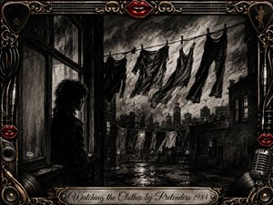 A solitary, shadowed figure watches windblown clothes hanging above a rain-darkened urban courtyard, framed by a distant city skyline. Deep feathered charcoal textures create a brooding, reflective mood, with silvery highlights on wet pavement. Ornate chrome-and-gold rock motifs, red lips, records, cables, and a vintage microphone complete the dramatic composition.