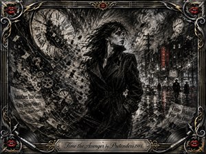 A windswept woman strides through a rain-darkened city as shattered clocks, gears, newspapers, and smoke swirl around her. Deep charcoal textures create a brooding, urgent mood, accented by silver, black, and flashes of red neon. An ornate chrome-and-gold music-themed frame and engraved title plate complete the dramatic composition.