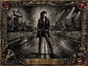 A defiant rock figure stands astride a rain-darkened city highway, framed by gritty charcoal textures, glowing signs, distant headlights, and dramatic spotlights. Deep blacks, smoky grays, chrome, gold, and vivid red lips heighten the rebellious mood. Guitar hardware, cables, vinyl, and ornate metallic details surround the composition.