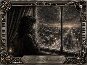 A solitary woman gazes through a frost-covered window toward a snowy town and distant railway, conveying longing, memory, and separation. Deep feathered charcoal textures dominate the scene, softened by warm golden lights. An ornate chrome-and-gold musical frame, decorated with piano keys, strings, records, roses, and a microphone, completes the nostalgic composition.