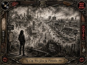 A lone leather-clad figure overlooks a hometown transformed by highways, parking lots, factories, and fading neighborhoods. Deep charcoal textures, smoky grays, and pale highlights create a mournful, nostalgic atmosphere. Ghostly houses blend into urban sprawl, while an ornate rusted-metal music frame, neon accents, Route 66 emblem, and engraved title plate complete the composition.