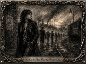 A solitary woman stands beside rain-darkened railway tracks as shadowy workers recede through a smoky industrial landscape. Deep charcoal textures, muted sepia highlights, and dim lamps create a mournful, resilient mood. Ornate chains, guitar strings, metallic hardware, and gold accents frame the scene, with an engraved title plate below.