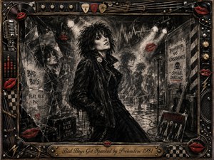 A defiant punk figure dominates a smoky backstage club rendered in deep, feathered charcoal, surrounded by fractured reflections, microphone stands, cables, graffiti, and vivid red lips. Stark black, gray, crimson, and muted gold create a rebellious noir mood, while the ornate music-themed frame and engraved title plate complete the theatrical composition.