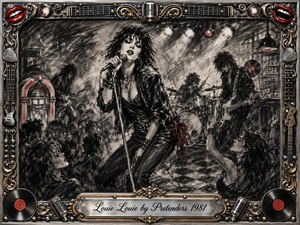 A commanding female singer leans into a microphone amid a smoky, crowded rock club, backed by guitar, bass, and drums. Deep feathered charcoal textures create gritty motion and dramatic spotlight contrast, while selective red accents enliven lips, lights, and jukebox details. An ornate chrome-and-gold musical frame completes the rebellious vintage atmosphere.