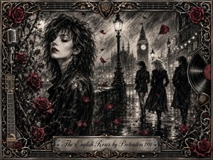 A charcoal-toned London night unfolds in rain and mist, centered on a poised, dark-haired woman surrounded by crimson roses and drifting petals. Distant figures cross reflective pavement beneath glowing lamps and Big Ben. Ornate metallic framing combines gold filigree, guitar details, microphone, vinyl, and roses, creating a romantic, rebellious rock-gothic mood.