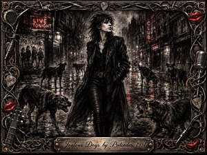 A defiant woman strides through a rain-soaked city street as watchful, snarling dogs circle from the shadows. Deep feathered charcoal creates a gritty post-punk mood, punctuated by red neon reflections. An ornate chrome-and-gold frame of cables, guitar hardware, microphones, and red lips surrounds the dramatic nocturnal scene.