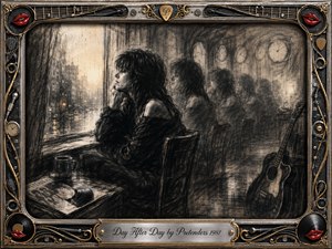 A solitary woman sits beside a rain-streaked city window, her repeated charcoal silhouettes fading into the shadowy room like echoes of passing days. Soft dawn light contrasts with smoky blacks and silvery grays. A leaning guitar, vinyl record, clocks, and ornate chrome-and-gold musical frame deepen the wistful, reflective atmosphere.