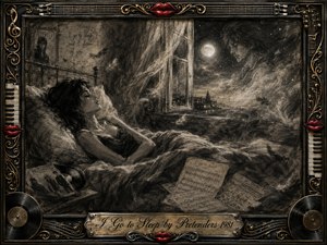A woman rests beside an open moonlit window, drifting into a dream where a ghostly figure emerges from smoky night clouds. Deep charcoal textures, soft silver highlights, scattered sheet music, and rumpled bedding create a wistful atmosphere. An ornate music-themed frame surrounds the scene with gold filigree, piano keys, records, and red lips.