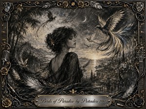 A contemplative woman stands in a dreamlike coastal garden as luminous birds sweep through a smoky twilight sky. Deep feathered charcoal textures create a haunting, romantic mood, accented by silver, muted gold, and blue-gray highlights. An ornate music-inspired frame surrounds the scene, finished with an engraved metallic title plate.