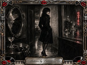 A solitary woman in a dark coat stands in a rain-soaked hotel corridor, her red lips echoed in a shadowy mirror and glowing neon outside. Deep feathered charcoal textures, silvery highlights, and dramatic reflections create tense noir intimacy, while an ornate chrome-and-gold music-themed frame adds theatrical rock elegance.