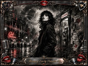 A solitary woman in a dark coat stands on a rain-slicked city street beside a vintage telephone booth, surrounded by smoky charcoal textures and pulsing sound-wave marks. Black, silver, and gray dominate, sharpened by crimson neon reflections. An ornate chrome-and-gold rock-themed frame adds lips, strings, records, and microphone details.