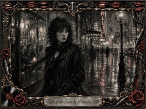 A solitary dark-haired woman stands beside a rain-soaked city street beneath glowing marquee lights, surrounded by blurred pedestrians and shimmering reflections. Deep charcoal textures, smoky grays, muted reds, and metallic highlights create a wistful noir mood. An ornate music-themed frame of lips, roses, cables, vinyl, chrome, and gold completes the scene.