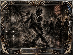 A sharply dressed dancer glides through a smoky Havana-inspired night street, surrounded by ghosted motion, musicians, palm shadows, and glowing vintage lights. Deep charcoal blacks and smoky grays create a dramatic noir mood, accented by warm neon. An ornate chrome-and-gold musical frame surrounds the textured composition, with an engraved title plate below.