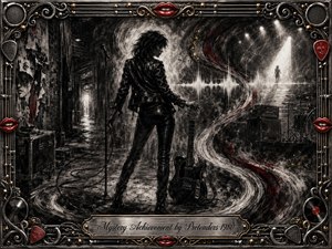 A lone leather-clad musician stands between a shadowy backstage alley and a glowing stage, surrounded by swirling charcoal smoke, cables, guitars, speakers, and sound-wave forms. Deep blacks and smoky grays dominate, accented by crimson, chrome, and gold. Dramatic spotlights, ornate rock-inspired framing, and gritty textures create a mysterious, restless mood.