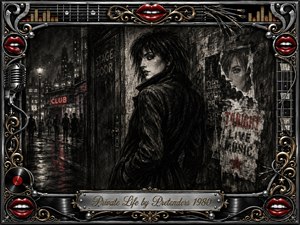 A solitary woman in a dark jacket stands beside a rain-soaked club alley, glancing back with guarded intensity. Deep feathered charcoal textures, smoky shadows, torn posters, neon red accents, and reflected streetlights create a tense noir mood. An ornate chrome-and-gold music frame surrounds the scene with lips, records, strings, and microphone details.