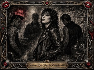 A defiant leather-jacketed woman commands a smoky underground club, surrounded by shadowy tattooed men, torn posters, amplifiers, cables, and neon glow. Deep charcoal textures, harsh chiaroscuro, and restrained red accents create a dangerous punk-noir mood, while an ornate chrome-and-gold rock-inspired frame adds theatrical detail and vintage attitude.