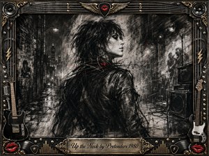 A defiant woman in a dark leather jacket stands in a rain-slicked urban alley, rendered in deep, feathered charcoal with restless scratches and smoky textures. Stark black, gray, and subtle red accents create a tense punk mood, framed by ornate guitars, speakers, chrome, gold details, red lips, and engraved titlework.