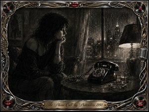 A solitary woman waits beside a vintage rotary telephone in a dim, rain-soaked apartment, her tense posture reflecting loneliness and anticipation. Deep charcoal textures and dramatic shadows create a brooding noir atmosphere, while blurred city lights glow beyond the window. An ornate chrome-and-gold musical frame adds red lips, records, cables, and microphone details.
