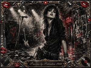 A fierce female rocker commands a smoky underground club, rendered in deep, feathered charcoal with gritty black, silver, and crimson accents. Harsh spotlights cut through haze around guitars, amplifiers, cables, records, and punk posters. An ornate chrome-and-gold rock frame, red lips, studs, and engraved title plate complete the rebellious composition.