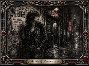 A solitary leather-jacketed woman waits outside a shadowy city club, framed by wet pavement, torn posters, graffiti, and glowing red neon. Deep feathered charcoal textures create a tense, restless noir mood, while chrome, gold filigree, guitar strings, picks, cables, red lips, and an engraved title plate complete the rock-inspired composition.