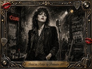 A confident female rocker stands in a smoky late-1970s club beside a vintage microphone, rendered in richly feathered charcoal with dramatic shadows. Red lips and neon accents punctuate the mostly monochrome palette, while guitars, posters, amplifiers, and stage lights build atmosphere. An ornate chrome-and-brass musical frame completes the rebellious, stylish composition.