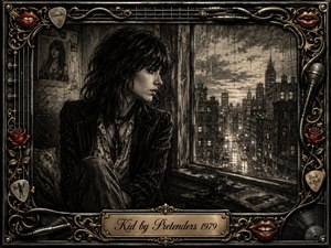 A solitary young woman sits beside a rain-streaked city window, her thoughtful profile framed by smoky charcoal shadows and distant streetlights. The melancholy urban scene blends velvety blacks, warm grays, and subtle highlights. An ornate rock-inspired frame of chrome, gold filigree, roses, red lips, guitar strings, records, and cables surrounds the artwork.