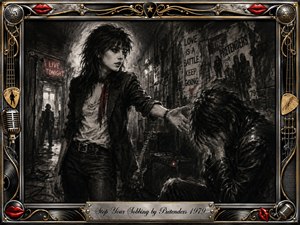 A gritty charcoal scene shows a determined woman reaching toward a distressed figure in a shadowy backstage club corridor. Smoky black, gray, and silver tones are punctuated by red accents, neon light, posters, guitars, and cables. An ornate chrome-and-gold rock frame with red lips surrounds the dramatic, emotionally tense composition.