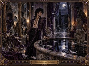 A solitary figure in deep purple stands beside a dark reflecting pool within an ornate moonlit palace. Shattered mirrors, drifting white feathers, stone cherubs, candles, and a watchful black panther heighten the tense, romantic melancholy. Rich violet, black, gold, and silver tones create a dramatic, painterly, gothic atmosphere.