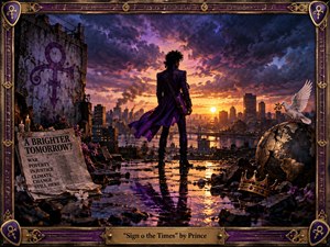 A lone purple-clad musician overlooks a battered city at sunset, framed by storm clouds and glowing gold light. Wet pavement mirrors the dramatic sky while a cracked globe, white dove, fallen crown, flowers, candles, and weathered newspaper suggest turmoil and fragile hope. Ornate purple-and-brass framing completes the cinematic mixed-media composition.