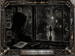 A solitary man watches through a rain-streaked window as a distant figure walks beneath glowing streetlights. Deep charcoal textures, smoky shadows, and silvery reflections create a tense, haunting noir mood. An ornate black, chrome, and gold musical frame surrounds the scene, with vinyl records, guitar strings, cables, and an engraved title plate.