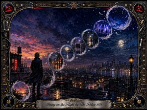 A solitary figure stands on a rain-slick rooftop overlooking a glowing city as twilight deepens into midnight blue. Feather-edged bubbles rise in an elegant S-curve, revealing fleeting nocturnal scenes beneath stars and moonlight. Rich indigo, violet, amber, and crimson tones enhance the cinematic digital-painting style, framed with ornate musical details.