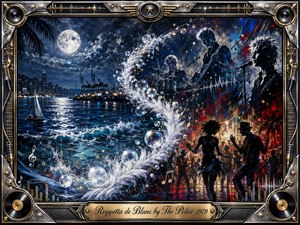 A moonlit harbor merges with a vibrant concert scene, where feathered bubbles sweep in a graceful S-curve between crashing waves, musicians, and dancing silhouettes. Deep blues, silver, crimson, and gold glow under dramatic lighting. Rich mixed-media textures, musical symbols, and an ornate chrome-and-gold frame create rhythmic, nocturnal energy.
