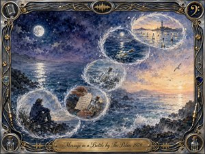 A luminous watercolor seascape follows a solitary figures message across moonlit water through feathered bubbles forming a graceful S-curve. Deep indigo, teal, silver, and dawn gold shift from loneliness toward hope. Rolling waves, drifting bottles, distant light, and an ornate chrome-and-gold musical frame create a poetic, nostalgic atmosphere.