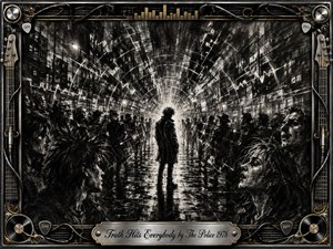 A solitary figure stands on a rain-slicked city street as concentric waves of light and fractured reflections surge through a shadowy crowd. Deep charcoal blacks, smoky grays, and sharp white highlights create a tense, urgent mood. An ornate chrome-and-gold musical frame surrounds the gritty, expressionistic scene with cables, strings, records, and engraved detailing.