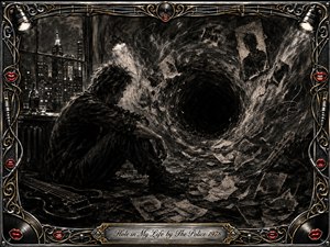 A solitary figure sits hunched in a shadowy city room, facing a swirling black void that pulls scattered papers, photographs, and musical fragments inward. Deep charcoal textures, smoky grays, and stark highlights create a haunting, introspective mood. An ornate chrome-and-gold music-themed frame, accented with red lips, surrounds the dramatic composition.