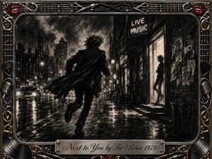 A windswept figure races along a rain-soaked city street toward a softly illuminated doorway where another silhouette waits. Deep feathered charcoal creates gritty movement, smoky shadows, and shimmering pavement reflections. An ornate chrome-and-gold musical frame, accented with red lips, microphones, strings, and vinyl motifs, completes the dramatic nocturnal composition.