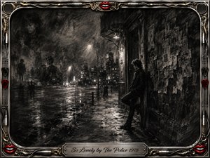 A solitary young man leans against a rain-soaked city wall beneath dim streetlights, surrounded by empty pavement, distant buildings, and ghostlike charcoal faces fading into darkness. Deep blacks, smoky grays, and wet reflections create a melancholy nocturnal mood, framed by ornate chrome, gold filigree, guitar hardware, and vivid red lips.